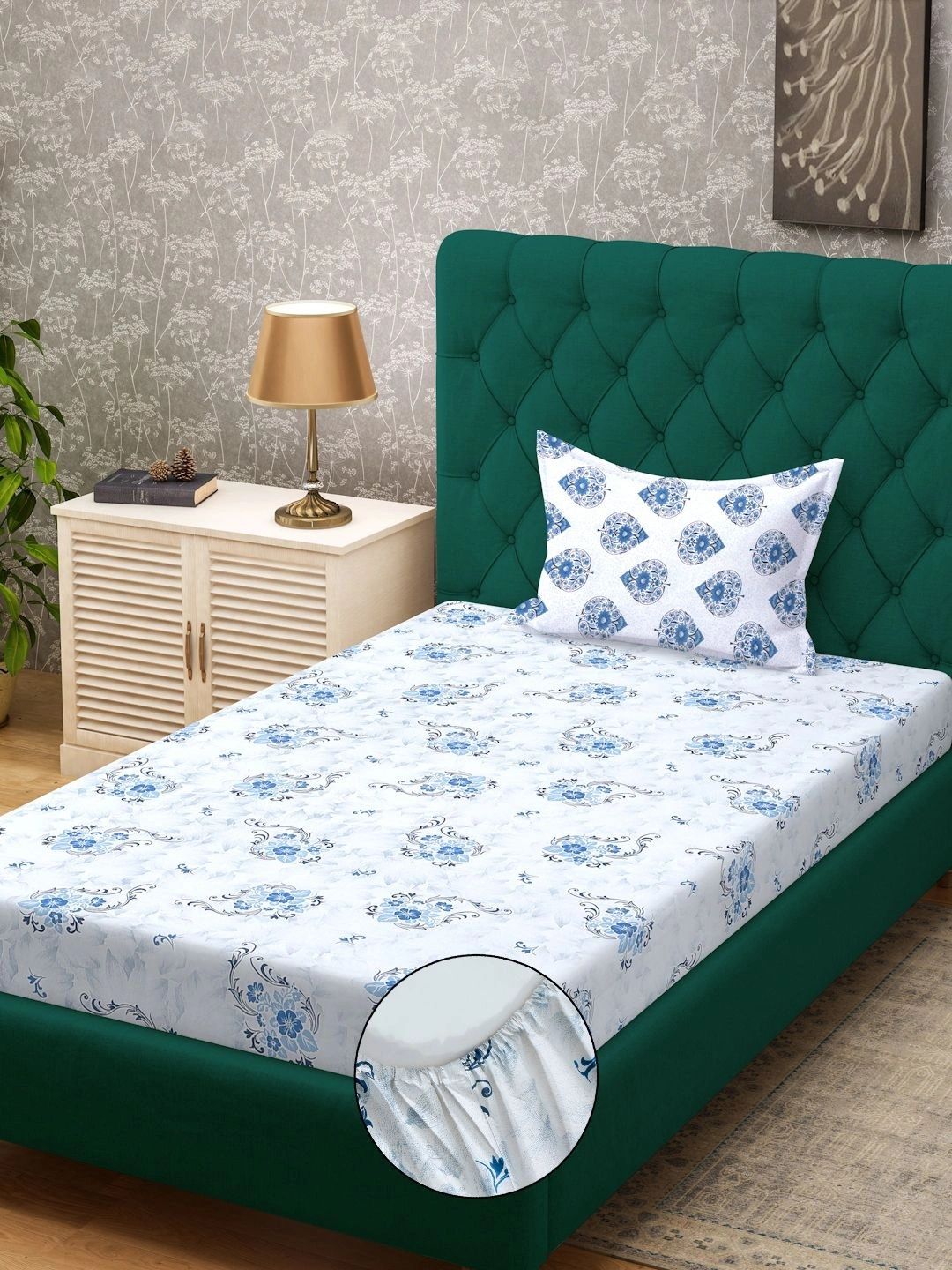 Myntra Elegant Homes Blue & White Floral 400 TC Single Bedsheet with 1 Pillow Covers