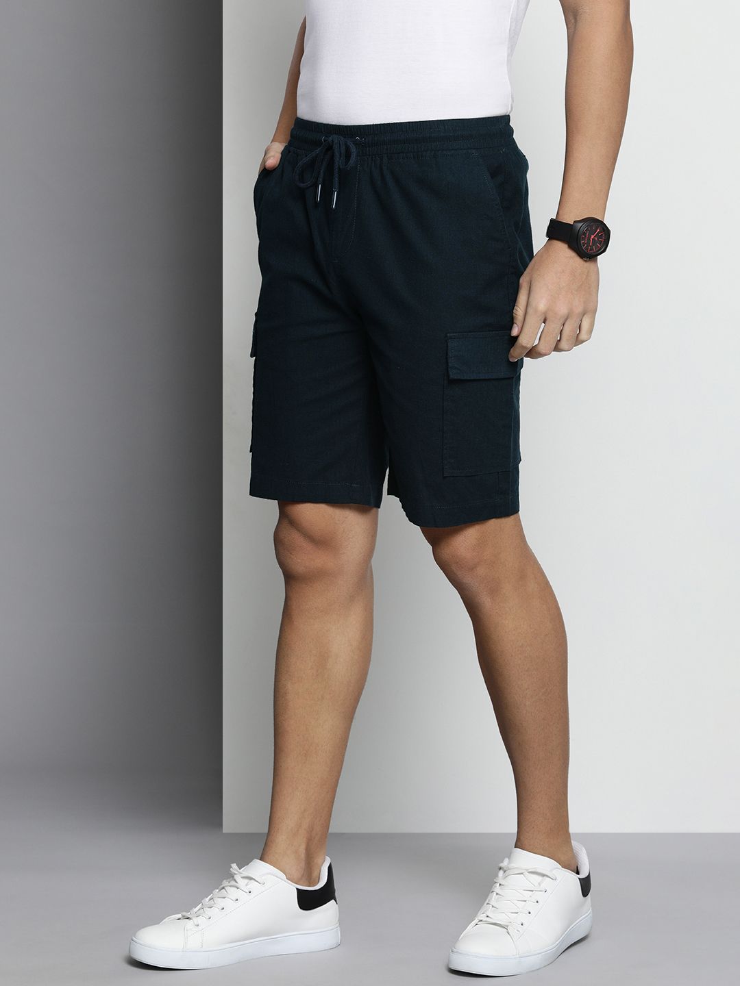 The Indian Garage Co Men Linen Cotton Slim Fit Cargo Shorts