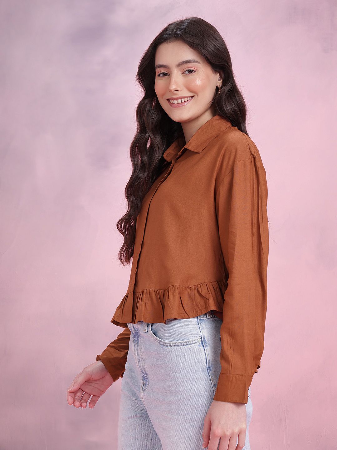 DressBerry Women Ruffled Spread Collar Casual Crop Shirt