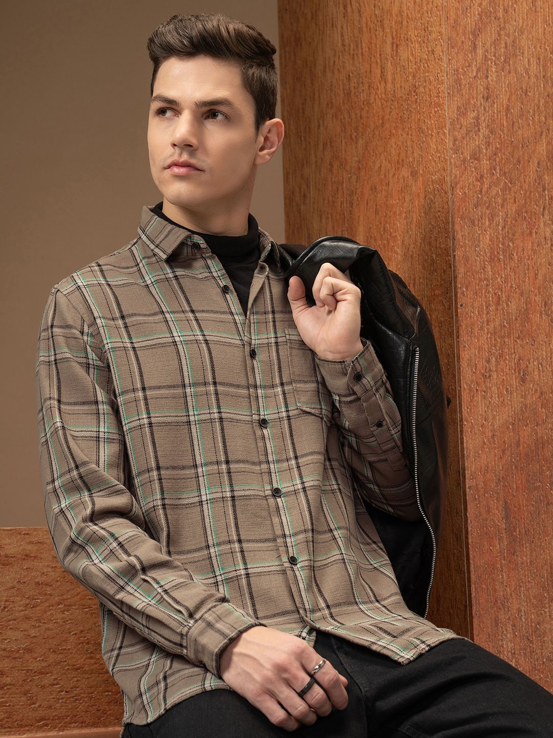 Locomotive Premium Men Khaki Relaxed Fit Dobby Textured Checked Shirt