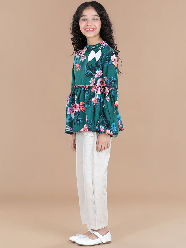 Cutiekins Girls Sea Green & Off White Printed Top with Palazzos