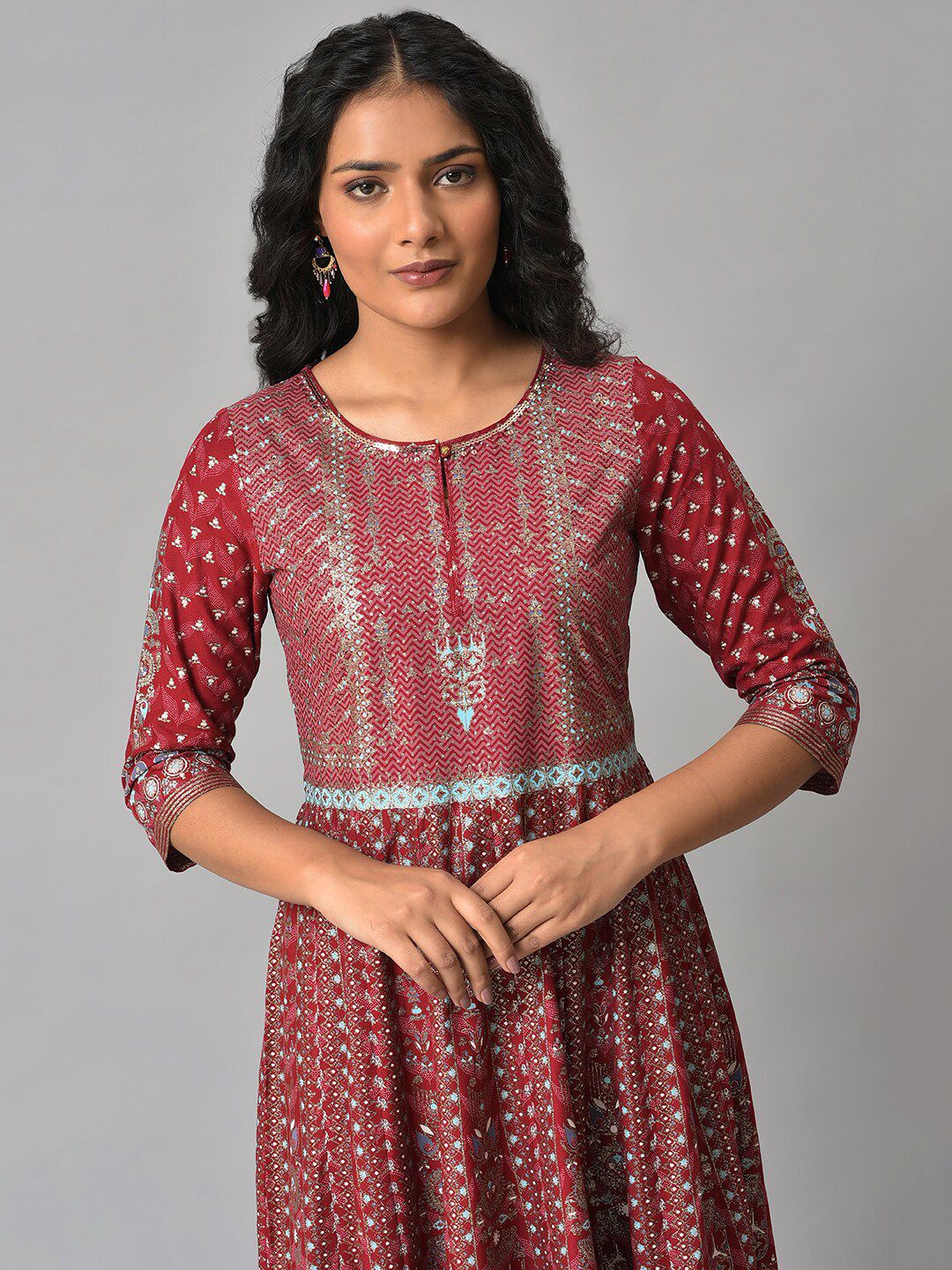W Red Ethnic Motifs Keyhole Neck Ethnic Maxi Dress