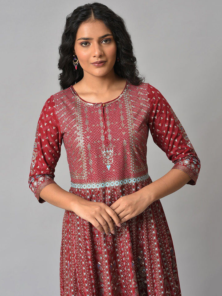 W Red Ethnic Motifs Keyhole Neck Ethnic Maxi Dress