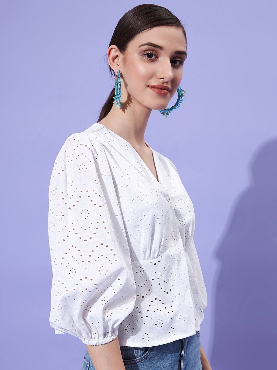 Athena V-Neck Puff Sleeves Schiffli Empire Top