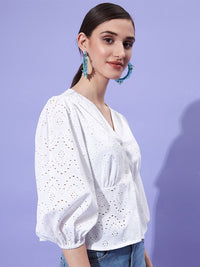 Athena V-Neck Puff Sleeves Schiffli Empire Top