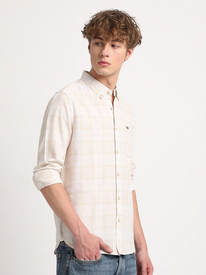THE BEAR HOUSE Slim Fit Checked Cotton Linen Casual Shirt