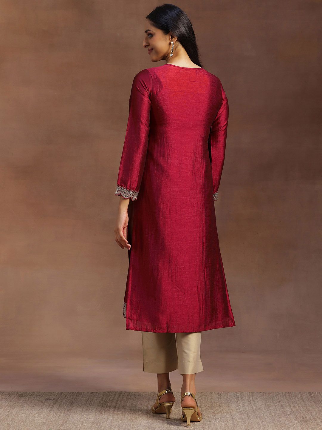 Libas Women Maroon Yoke Design Embellished Kurta