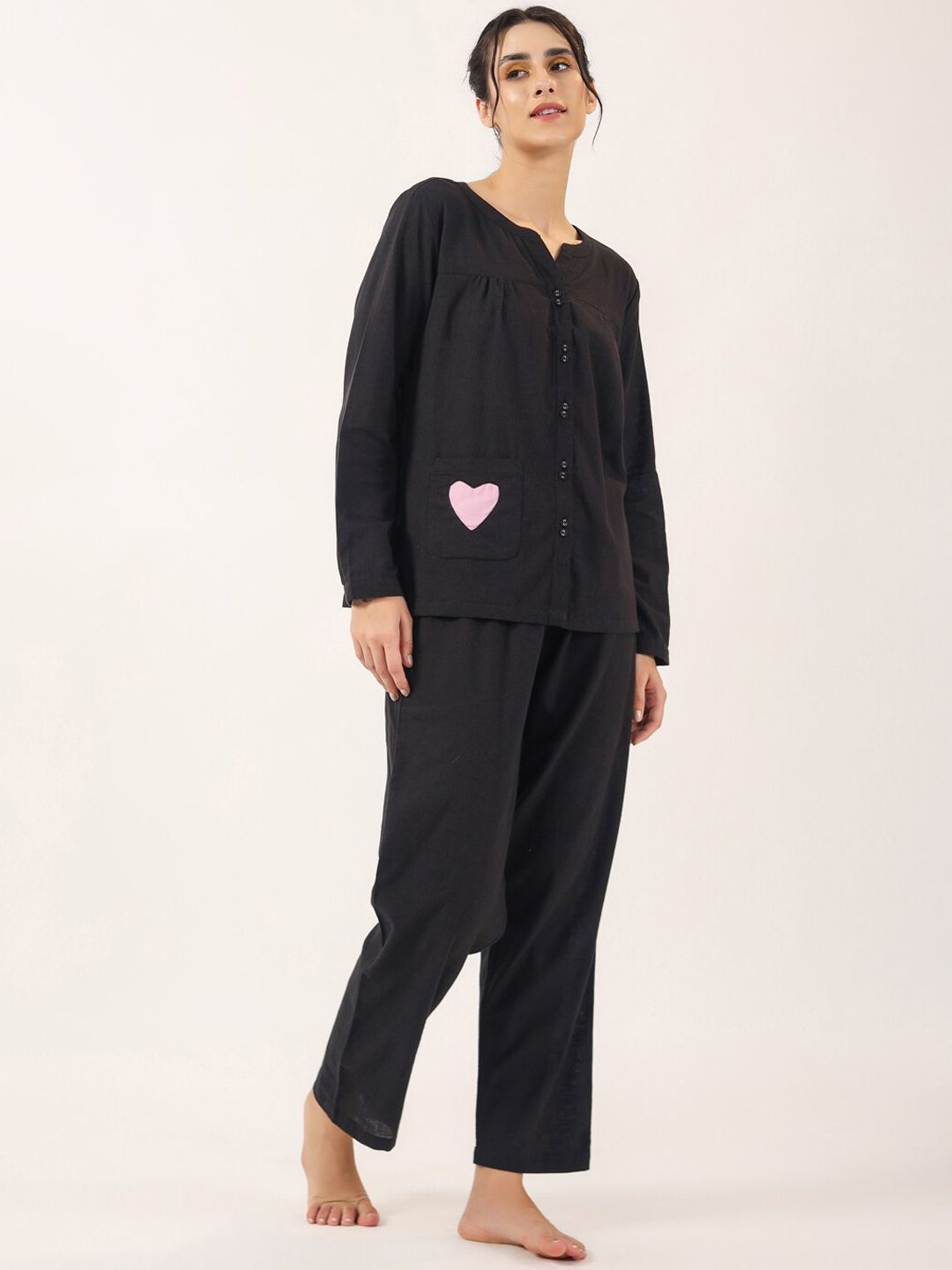 SANSKRUTIHOMES Black Round Neck Pure Cotton Nightsuit
