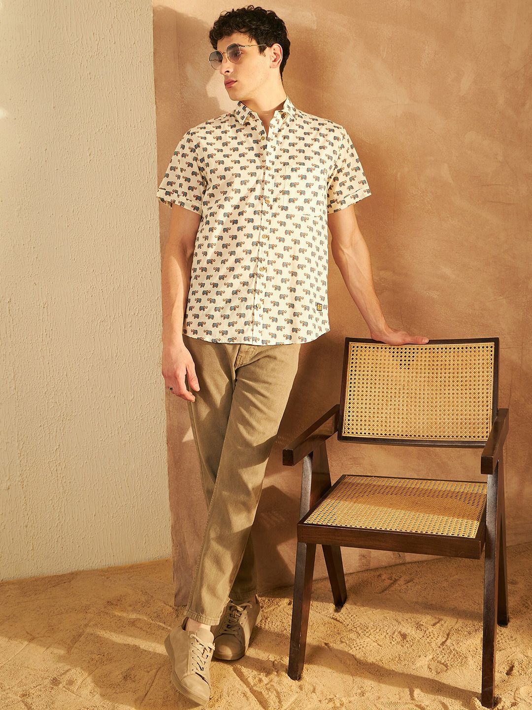 DENNISON Smart Ethnic Motifs Printed Spread Collar Cotton Oversized Lightweight Shirt