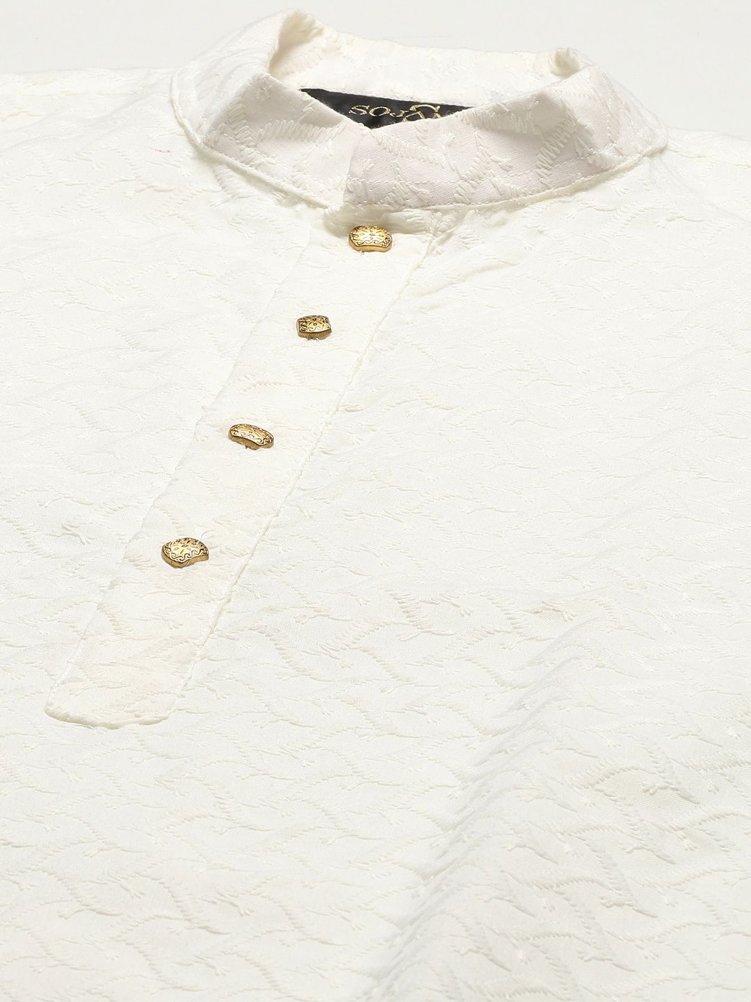 SOJANYA Lelaki Kurta Kapas Tulen Chikankari Berwarna Krim dengan Churidar & Nehrujacket