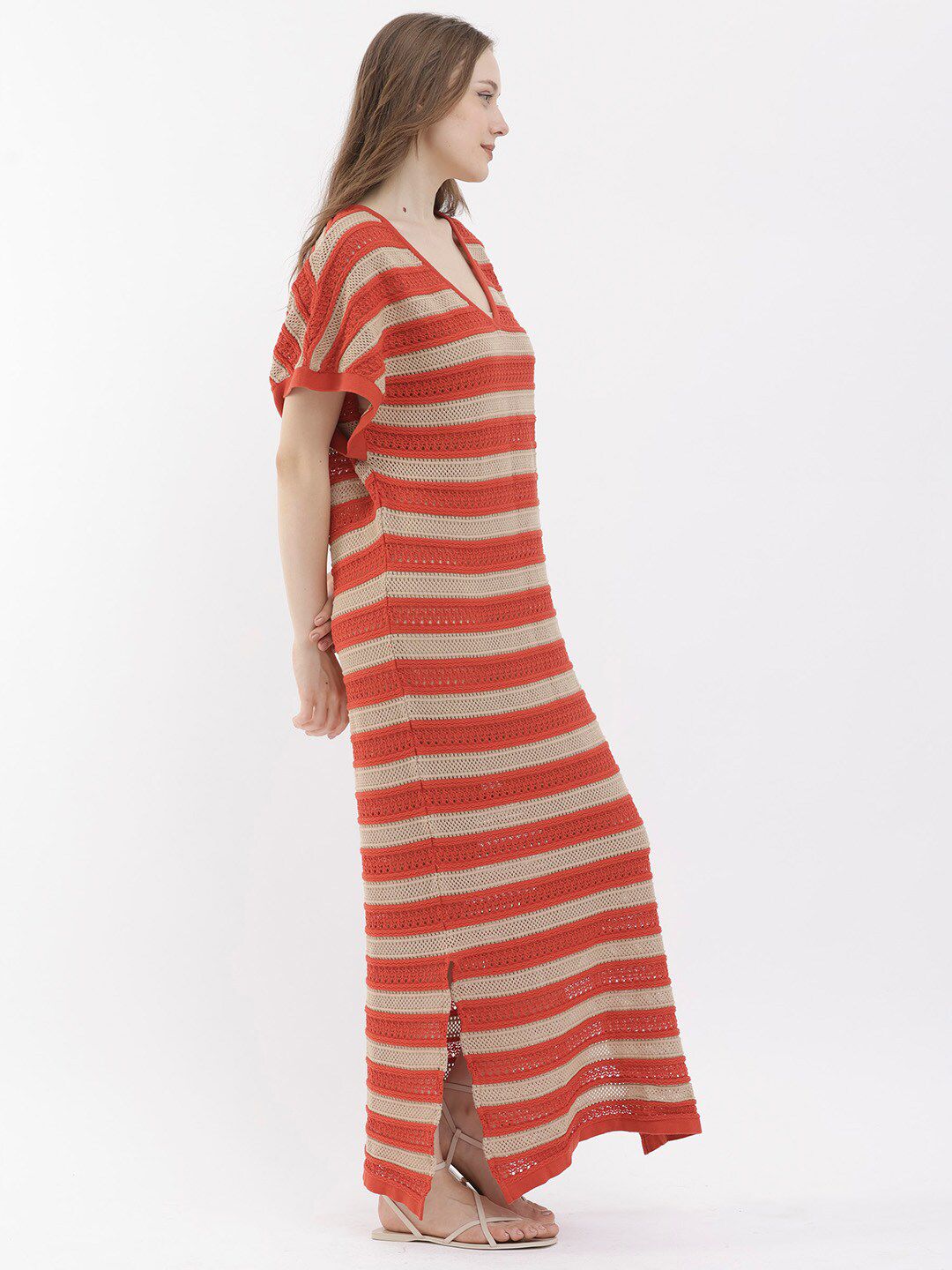RAREISM Striped V-Neck Short Sleeves Cotton Maxi Dress