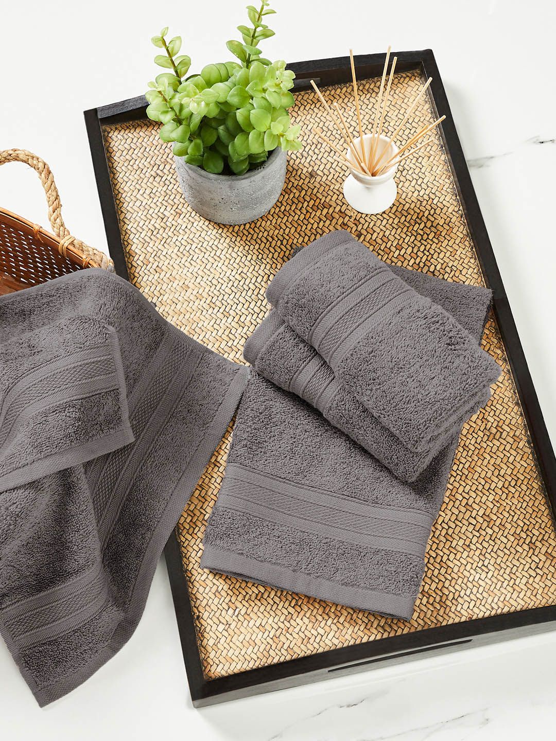 MYTRIDENT Charcoal Set of 4 Solid Cotton Hand Towel