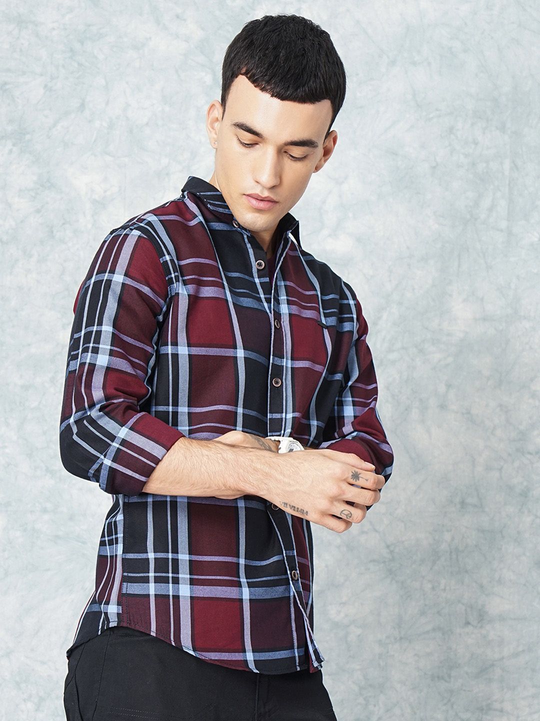 The Indian Garage Co Men Burgundy Checked Casual Shirt