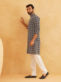 SOJANYA Ethnic Motifs Embroidered Mandarin Collar Thread Work Cotton Kurta with Pyjamas