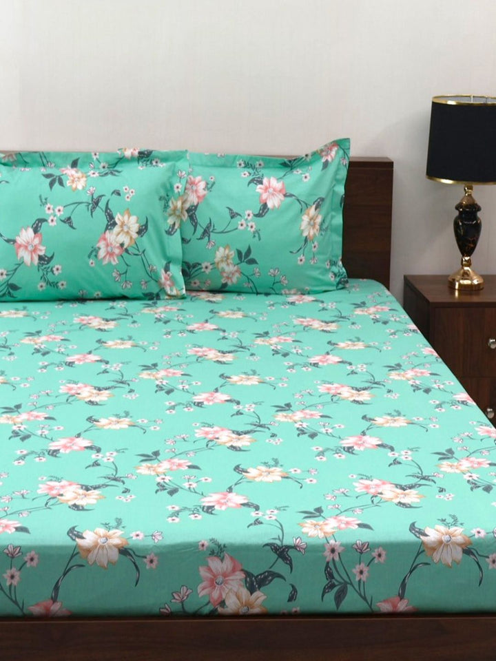 BOMBAY DYEING Allure Sea Green Floral Cotton 144TC Fitted Bedsheet Set-1.52mX1.98mX 30 cm