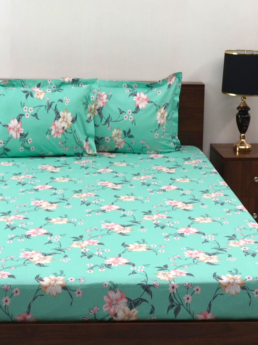 BOMBAY DYEING Allure Sea Green Floral Cotton 144TC Fitted Bedsheet Set-1.52mX1.98mX 30 cm