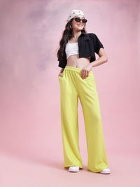 DressBerry Women Geometric Textured Mid-Rise Wide Leg Flared Trousers