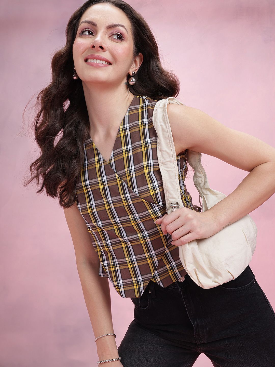 DressBerry Checked Wrap Top With Waist Tie-Ups