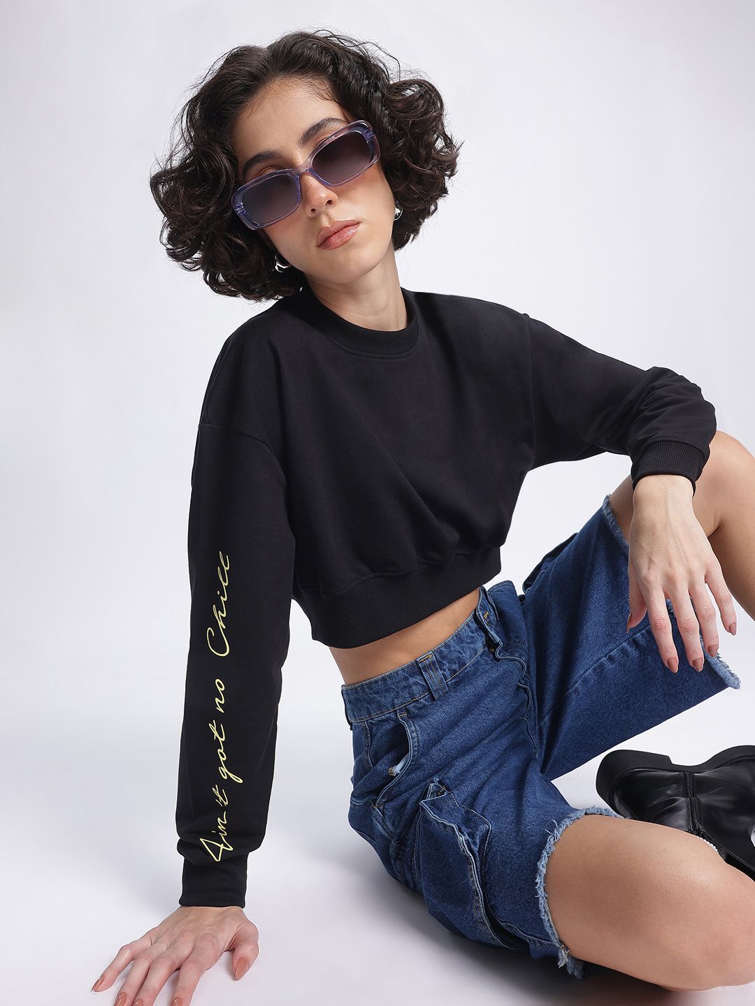 DressBerry Printed Sleeves Cropped Sweatshirt