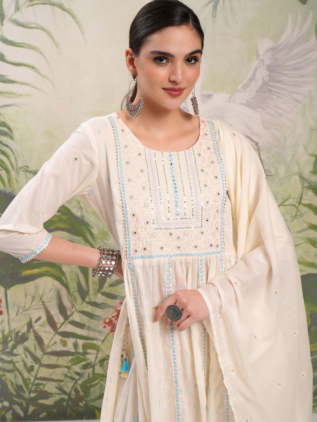 Vishudh Cream Coloured Embroidered Pure Cotton Anarkali Kurta With Trousers & Dupatta