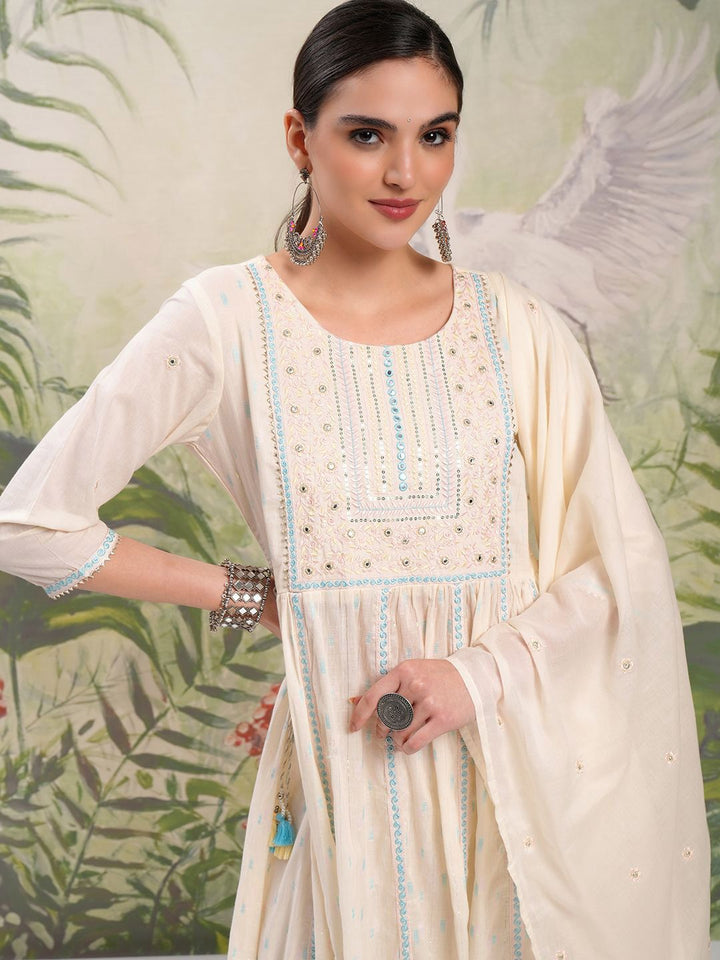 Vishudh Cream Coloured Embroidered Pure Cotton Anarkali Kurta With Trousers & Dupatta