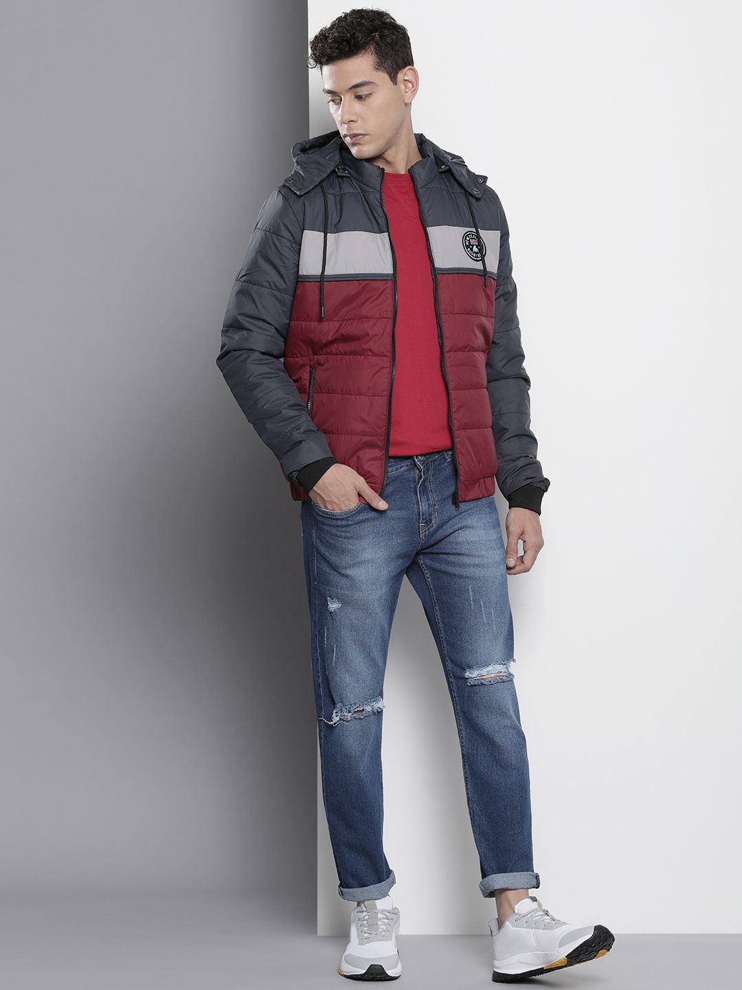 The Indian Garage Co Men Colourblock Puffer Jacket with Detachable Hood