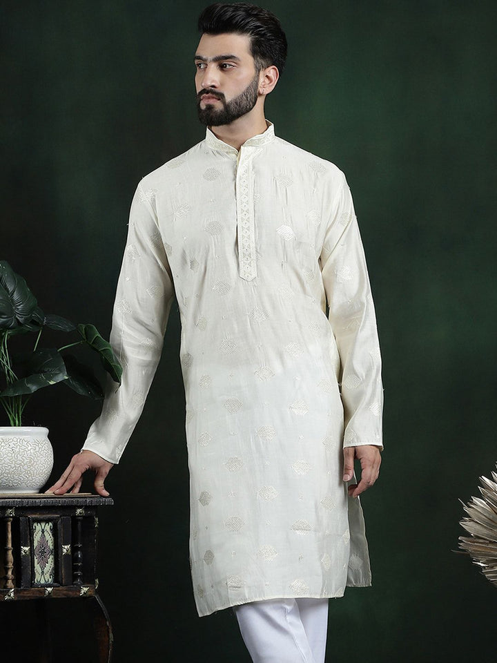 SOJANYA Motif Etnik Bersulam Kolar Mandarin Kurta Lurus Labuci