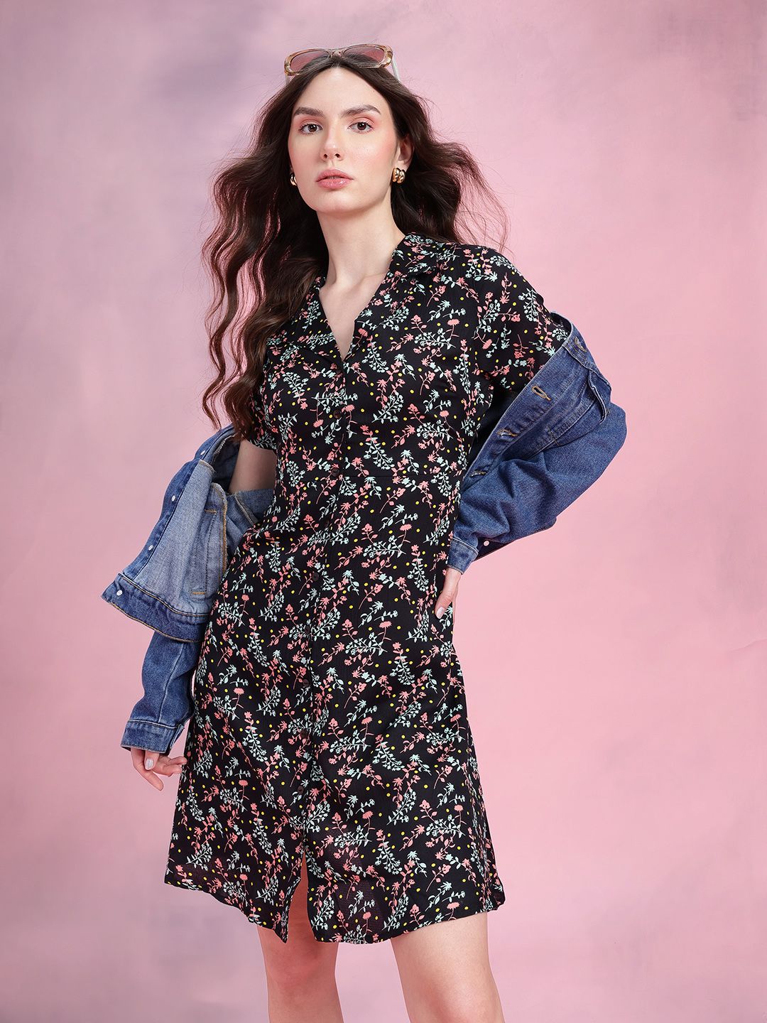 DressBerry Floral Print Notched Lapel Collar Shirt-Style Dress