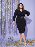 SASSAFRAS Curve Belted V-Neck Sheath Dress
