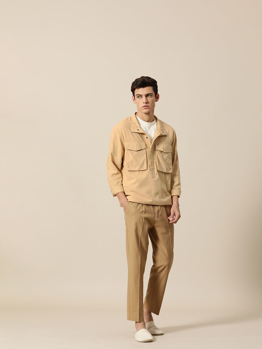 Mr Bowerbird Men Beige Linen Cotton Liberal Fit Casual Shirt