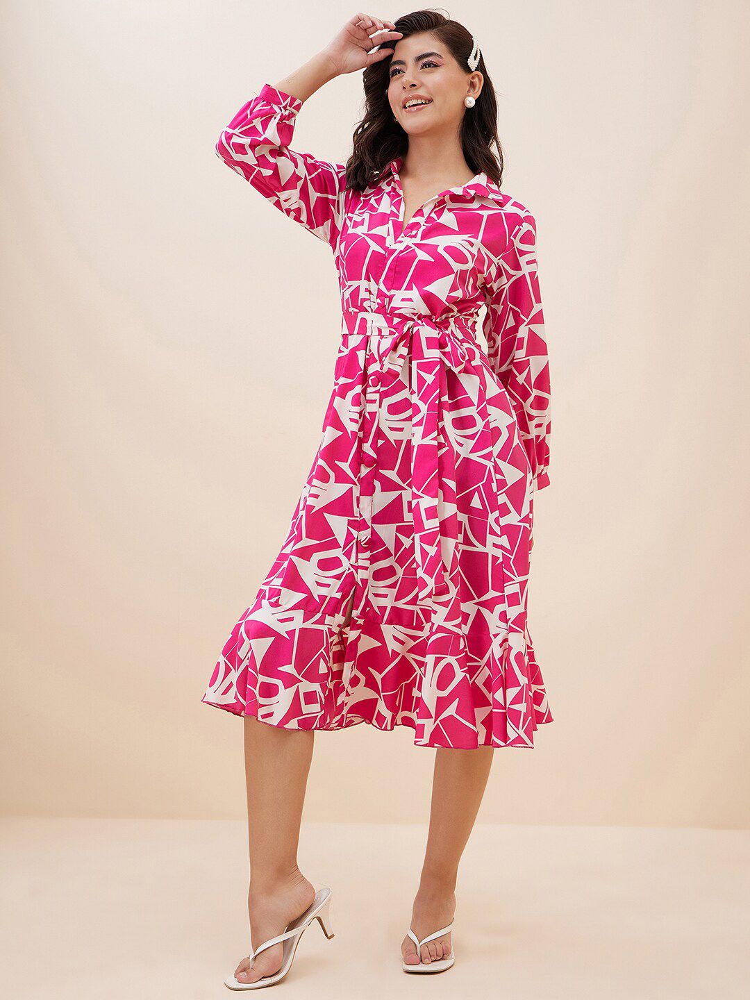 Antheaa Geometric Printed Shirt Style Midi Dress