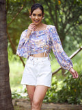 Athena Purple & Yellow Floral Print Crepe Crop Top