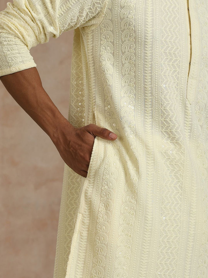 House of Chikankari Men Cream Rayon Sulam Kurta