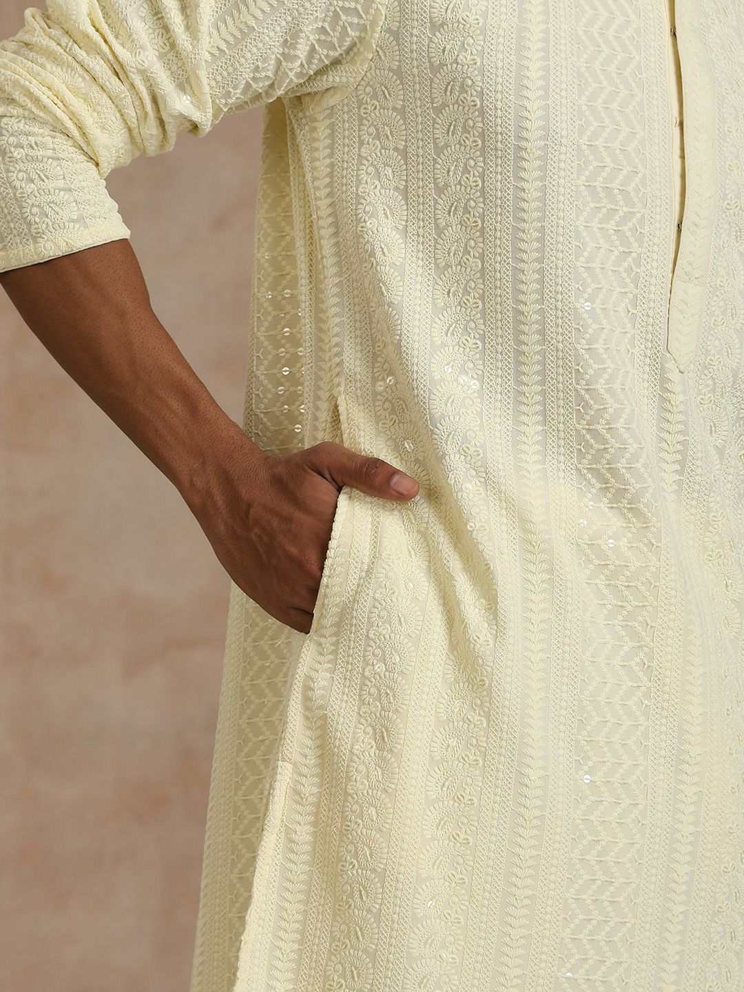 House of Chikankari Men Cream Rayon Sulam Kurta