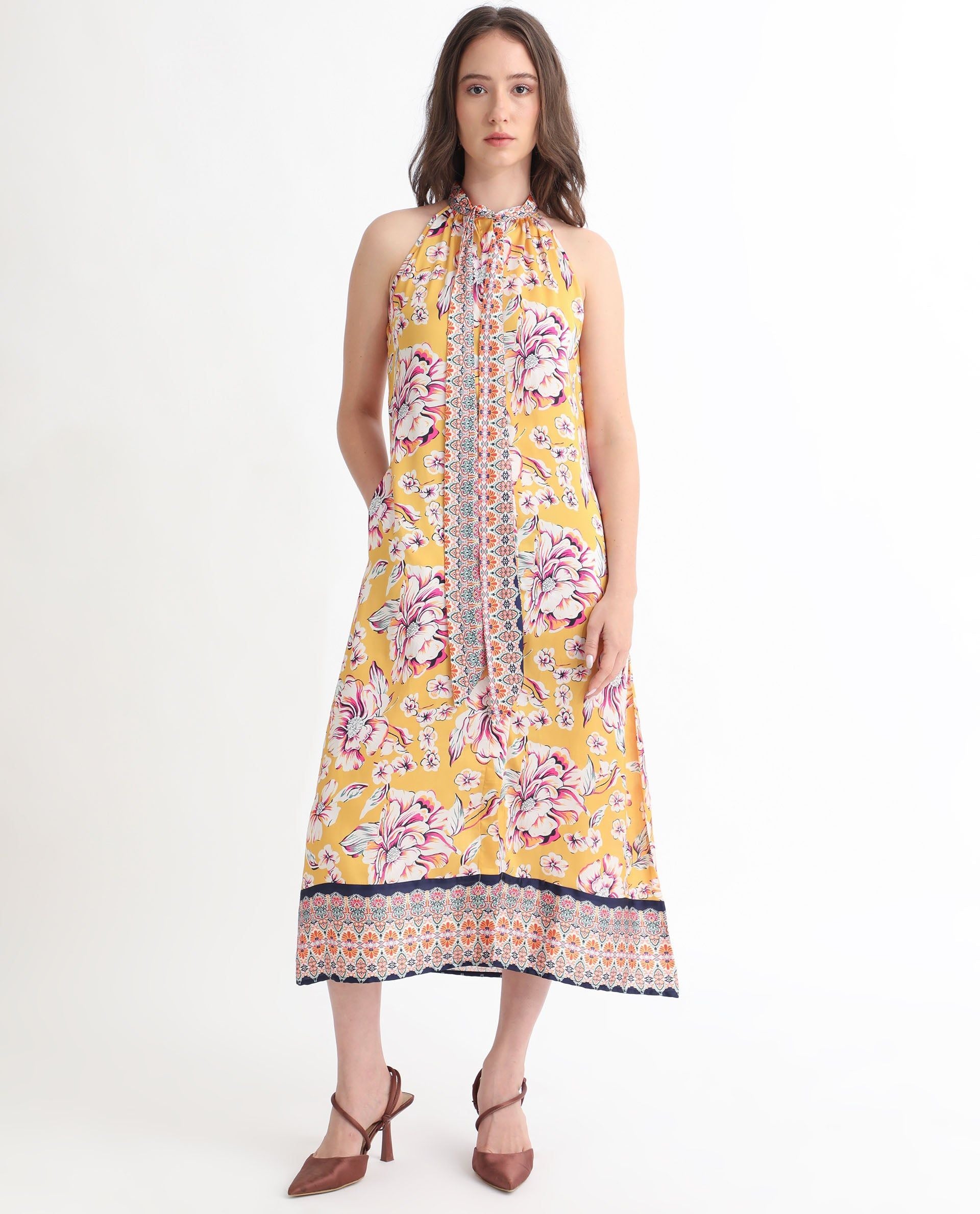 RAREISM Floral Print Tie Up A-Line Dress