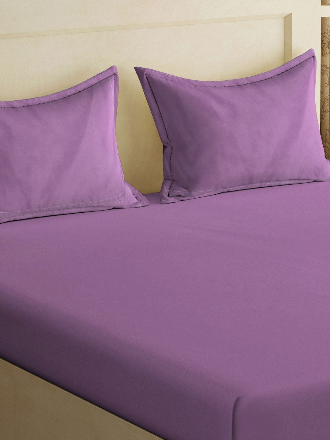 KLOTTHE Purple Solid 300 TC Fitted Double King Bedsheet with 2 Pillow Covers