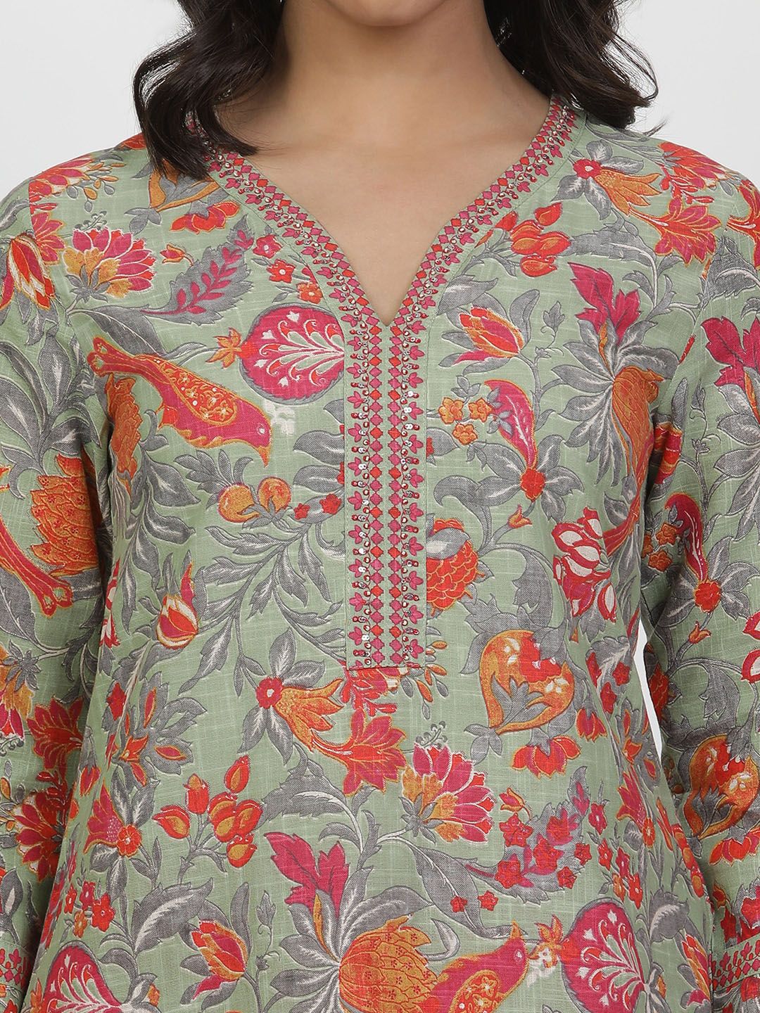 W Floral Printed V-Neck Pure Cotton Straight Kurta