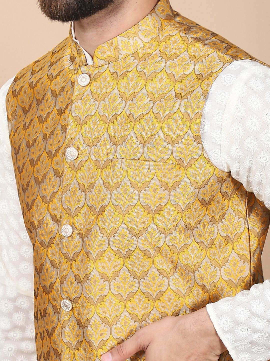Anouk Cream-Coloured Floral Embroidered Pure Cotton Kurta with Churidar & Nehru Jacket