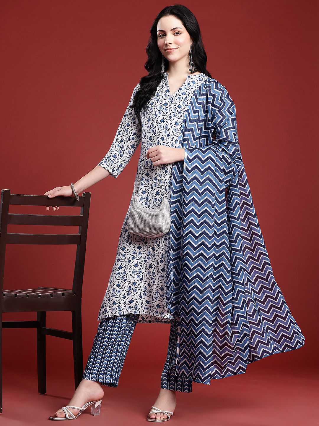 Anouk Floral Printed Band Collar Straight Kurta with Trousers & Dupatta