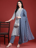 Anouk Floral Printed Band Collar Straight Kurta with Trousers & Dupatta