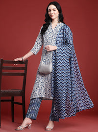 Anouk Floral Printed Band Collar Straight Kurta with Trousers & Dupatta