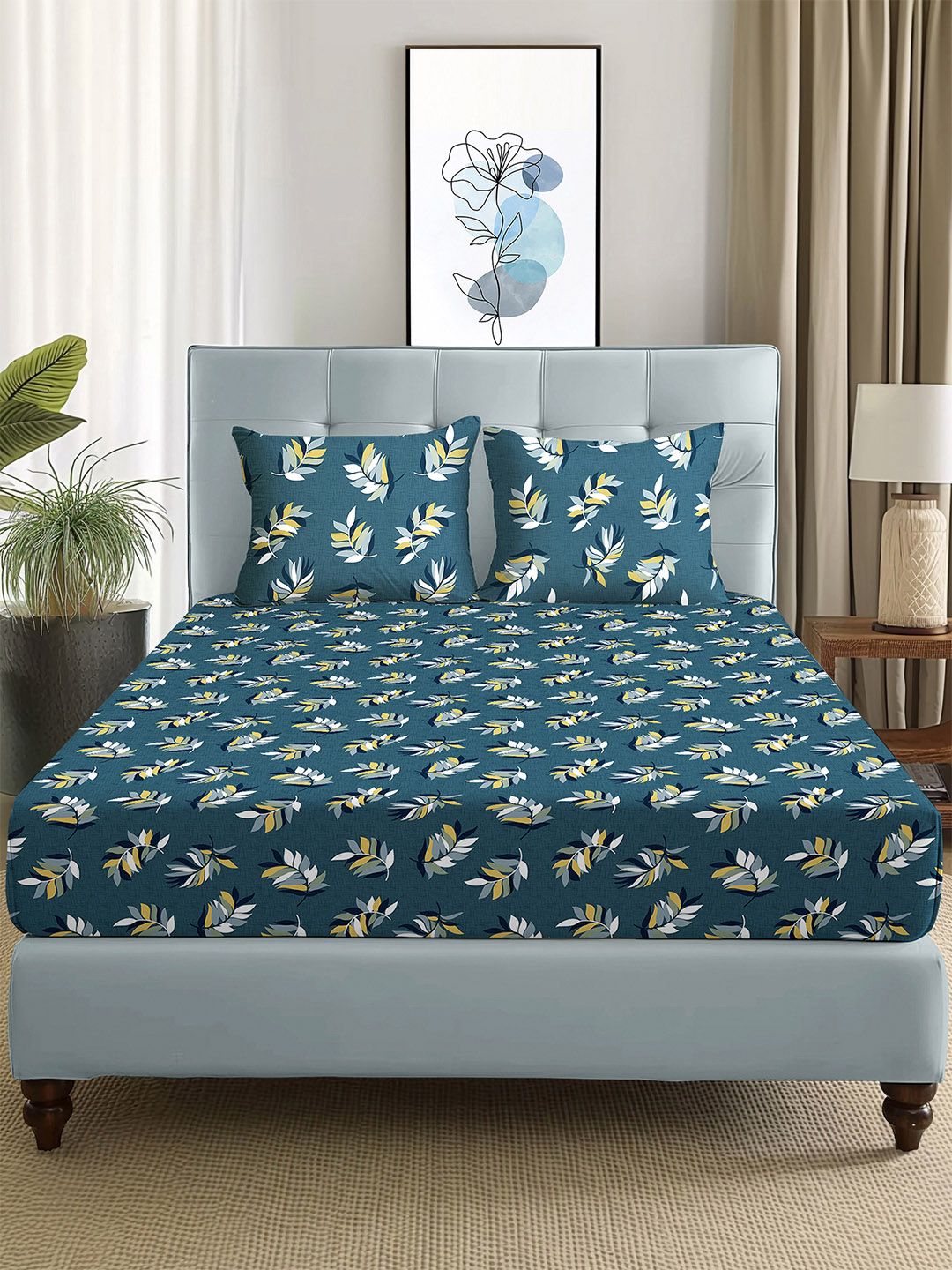 Story@home Arena Grey & Yellow Floral Printed 180 TC Queen Bedsheet & 2 Pillow Covers