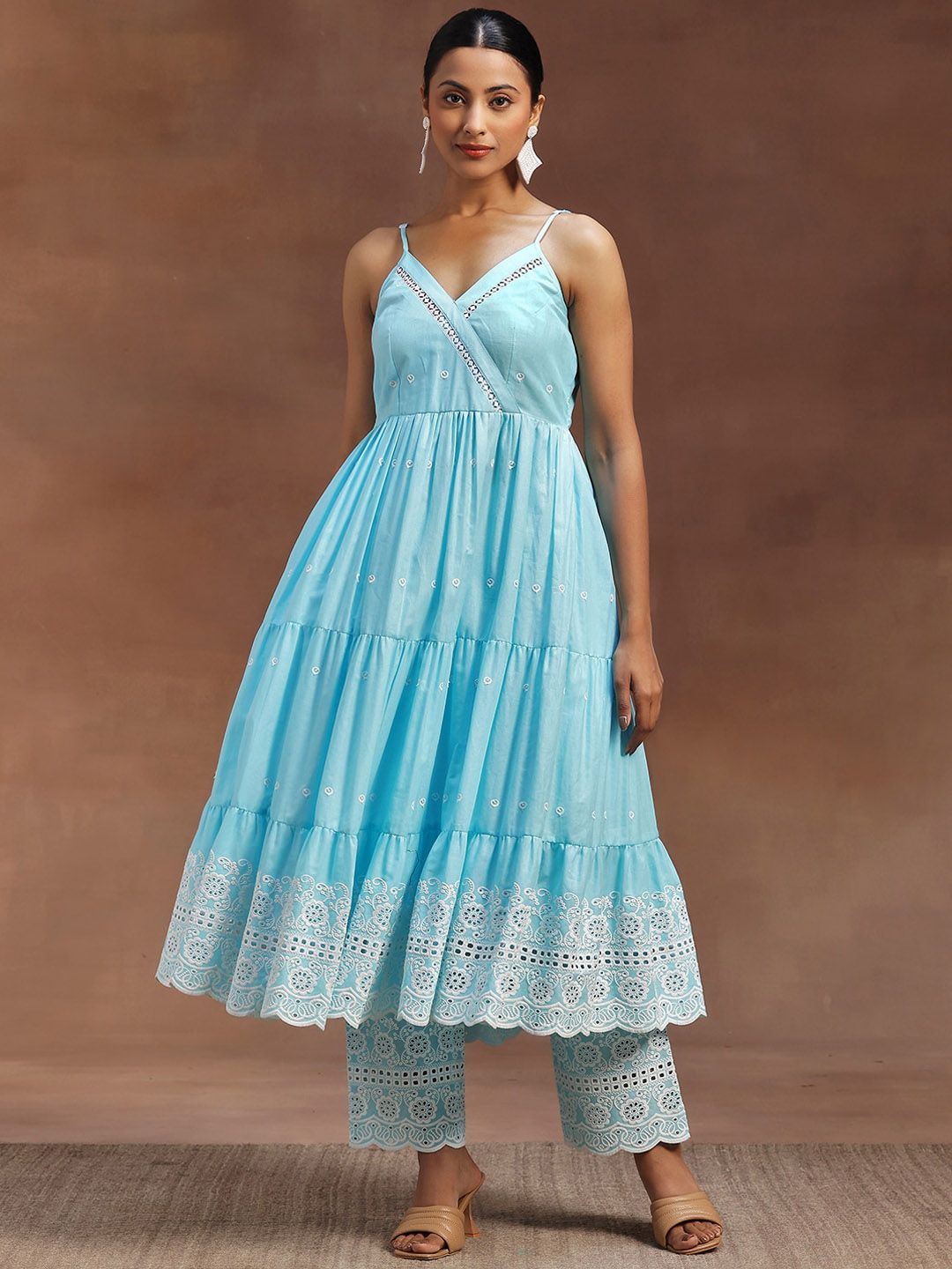 Libas Floral Panelled Schiffli Thread Work Pure Cotton Kurta With Trouser