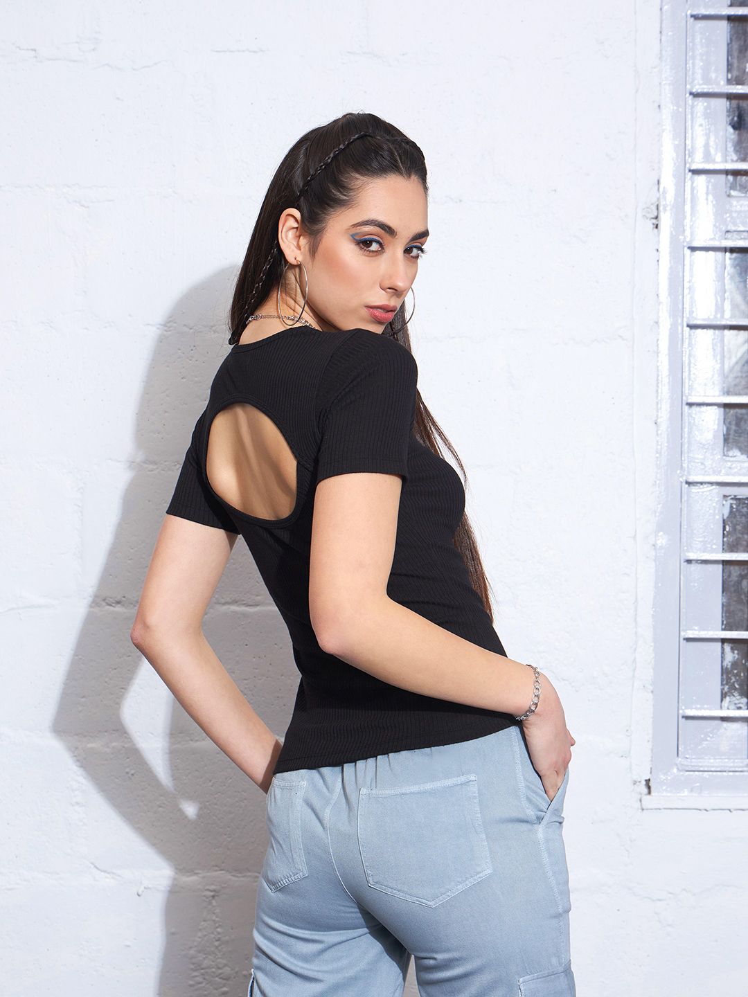SASSAFRAS Black Square Neck Cotton Fitted Top