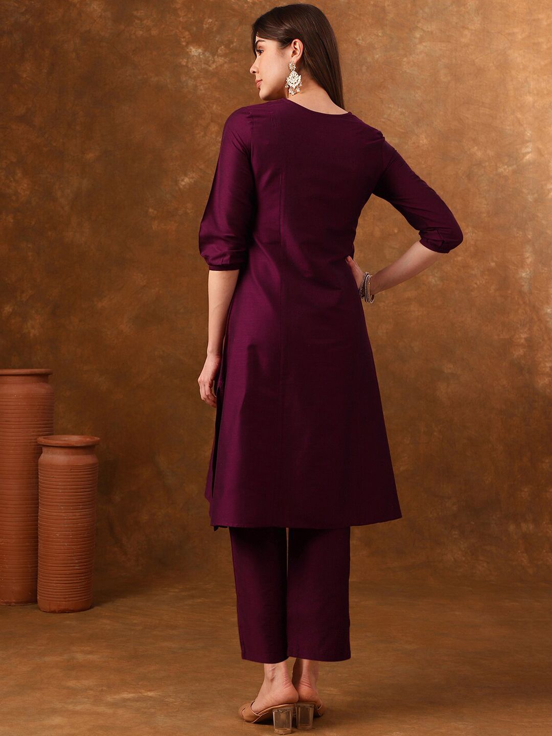 Anouk V-Neck Three-Quarter Sleeves Panelled Kurta with Palazzos