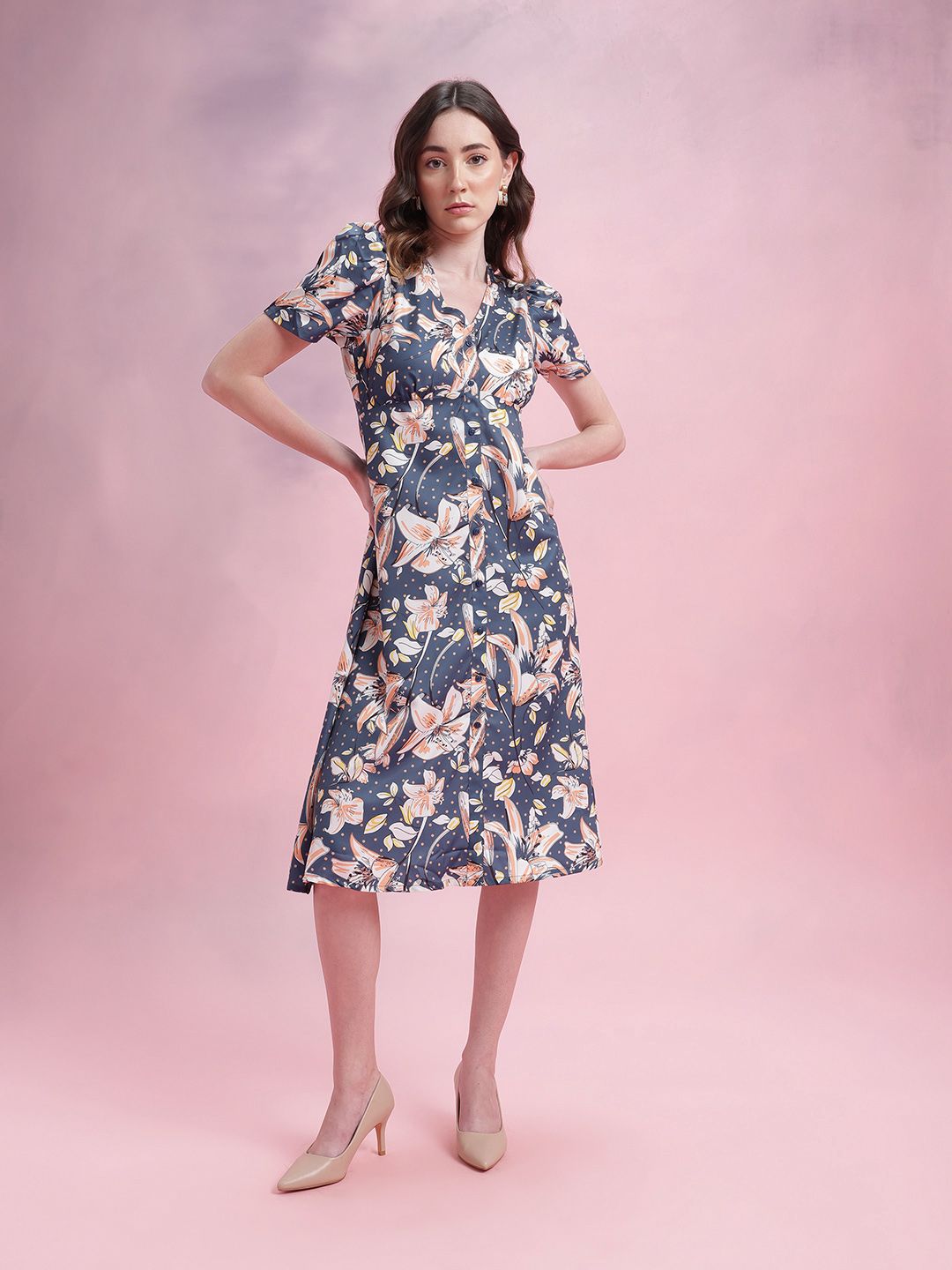 DressBerry Floral Print Puff Sleeves A-Line Midi Dress with Mock Buttons