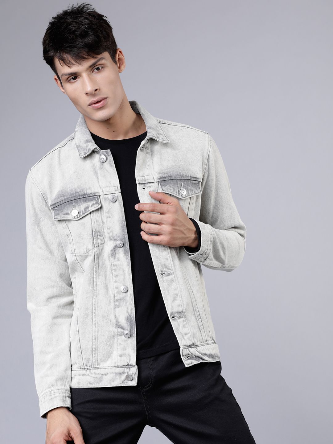 HIGHLANDER Men Grey Washed Denim Jacket