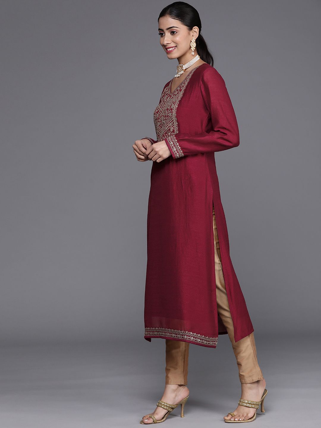 Libas Women Maroon Ethnic Motifs Embroidered Embellished Yoke Design Kurta