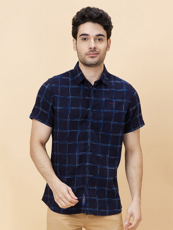 Menjadi Pemeriksaan WindowPane Slim Manusia Menyebarkan Kolar Lengan Pendek Baju Kasual