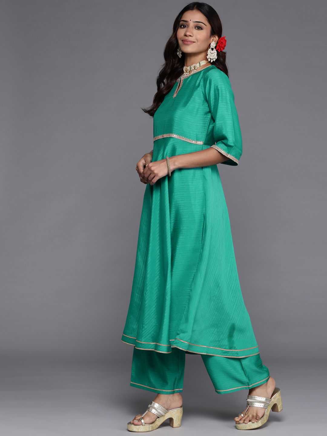 Libas Women Green Gotta Patti Kurta with Palazzos & With Dupatta